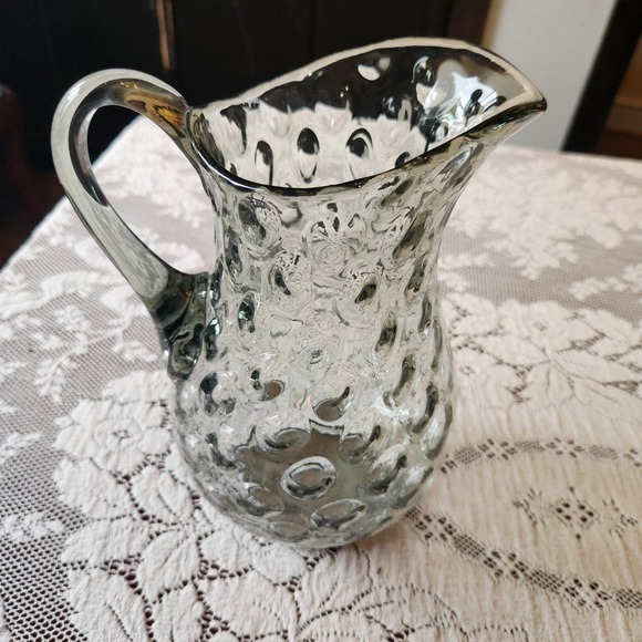 Grey Hand-Blown Glass Pitcher Thumbprint, Coin dot pattern - Picture 1 of 5